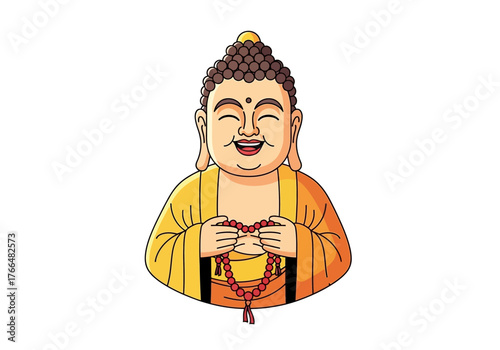 Cartoon depiction of a smiling Buddha figure holding prayer beads