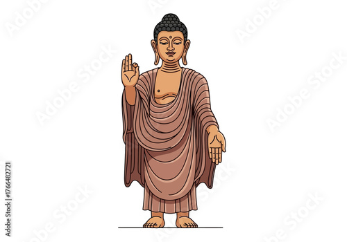 Illustration of a Buddha statue in a brown robe with a hand raised in a blessing gesture