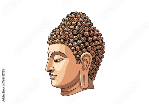 Head of Buddha profile with curly hair and serene expression