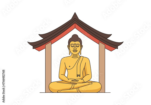 Illustration of a golden Buddha statue seated under a twotiered roof