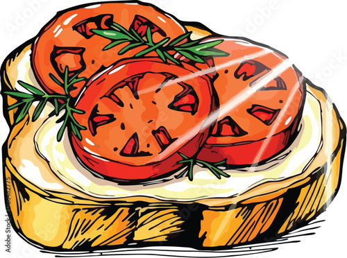Cartoon Illustration of Bread Slice with Creamy Spread, Tomatoes, and Rosemary