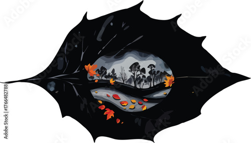 Digital Illustration of a Black Leaf Containing a Moody Autumn Landscape 