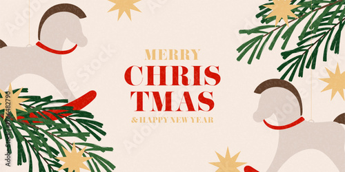 Trendy Christmas and New Year banner. Holiday vector illustration with Christmas horse toys, Christmas tree branches and typography design. New Year background for card, poster, cover, social media.