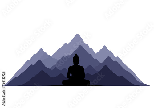 Meditating Buddha silhouette sits against layered blue mountains