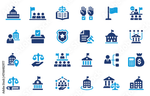 Set of government icons representing parliament, election and public services. Solid vector icons collection.