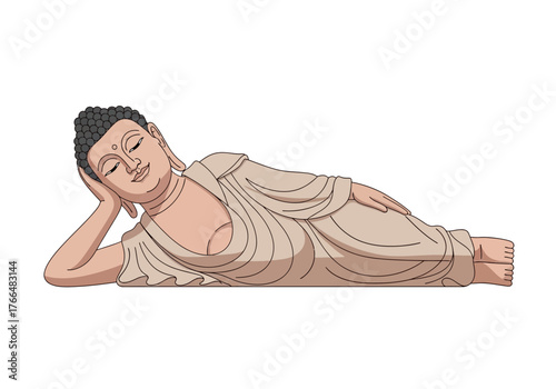 Reclining Buddha serene figure resting on its side with tranquil expression and draped robe