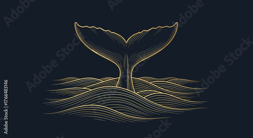 Golden Whale Tail Diving Into Stylized Ocean Waves, Minimalist Line Art Illustration