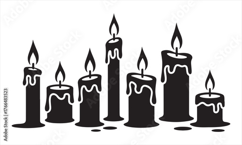 Burning candle vector collection – black wax silhouettes with flame and drip details for decor or holiday design.