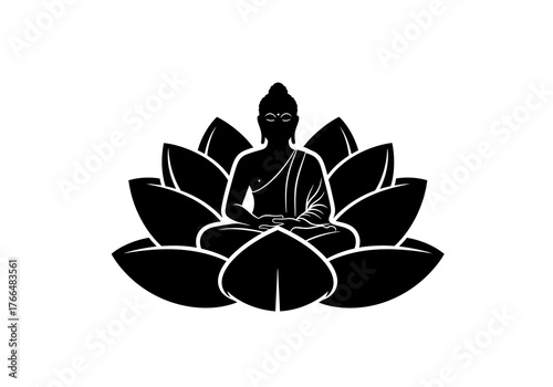 Silhouette of a meditating Buddha seated atop a lotus flower
