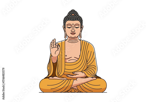 Seated Buddha with raised hand in a stylized cartoon illustration meditating in a yellow robe