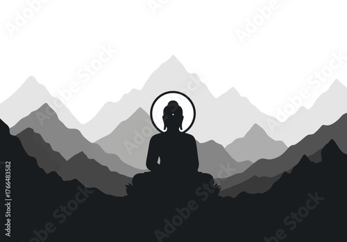 Silhouette of Buddha meditating against a backdrop of layered mountain ranges