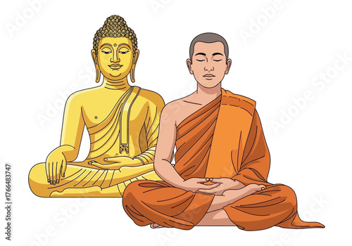 Two figures one golden statue one orange robed person both in lotus positions meditating