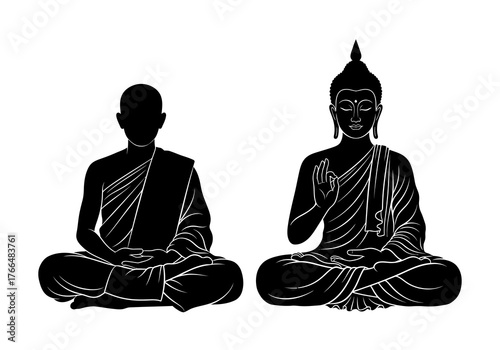 Two meditating figures one a bald monk the other Buddha
