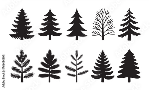 Minimal tree vector set – botanical black silhouette icons of pine, fir, and conifer shapes.