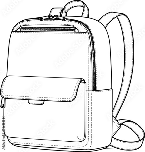 Backpack technical drawing, fashion design sketch, school bag illustration, vector outline, detailed stitching, zipper pockets, shoulder straps, apparel accessory blueprint, CAD style
