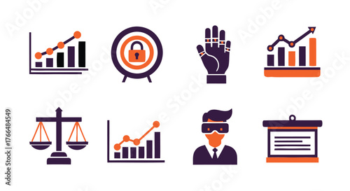 Set of business and finance icons, including target, graph, handshake, and legal scales