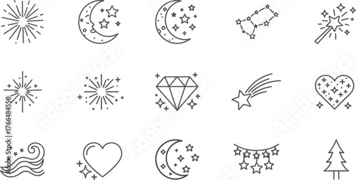 Collection of celestial and festive icons including stars, moon, fireworks, and hearts