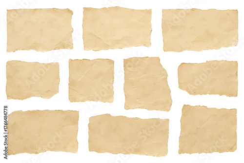 Vintage torn paper scraps collage isolated on transparent background, old beige aged paper pieces background texture set