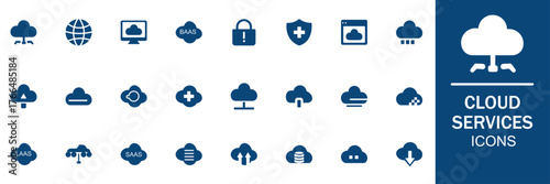 Cloud services editable icon set. Cloud computing, storage, hosting, sync, data transfer, cloud server, network, online, SAAS, digital and more. Solid icons collection. Vector illustration.