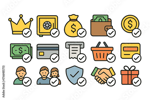 Finance and Security Icons Set with Checkmark Symbol