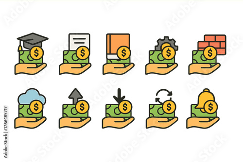 Money Icons Set with Educational, Documentation, Books, and Technology Themes
