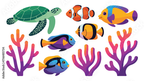 Vibrant cartoon underwater scene with sea turtle and colorful tropical fish and coral