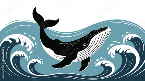 Whimsical humpback whale breaching through stylized ocean waves in a dark blue and white illustration