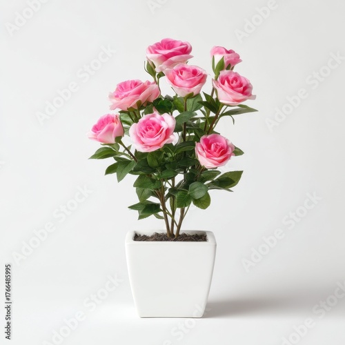 Beautiful pink roses in a modern white ceramic pot with fresh green leaves, perfect for home decor and enhancing interior spaces.