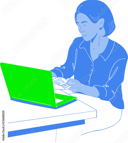 A woman is sitting and working on a computer. Student working on a project. Vector illustration.