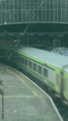 Mathematical equations animating over train entering station