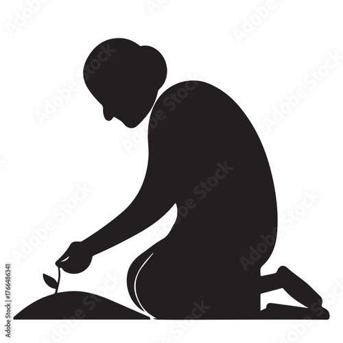 Man Planting Seedling Silhouette Vector