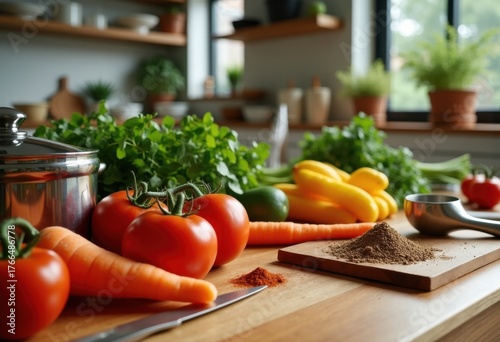 Vibrant Bounty Ingredients Assortment Kitchen Upscale Dinner Preparation Colorful Arrangements Ingredients Freshness