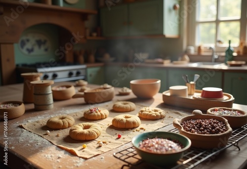 Whimsical Cookie Baking Session with Traditional Oven and Baking Ingredients Beautiful Display