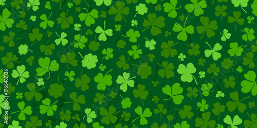 Shamrock or green clover leaves pattern background flat design vector illustration. St Patrick Day shamrock symbols decorative elements horizontal pattern texture.