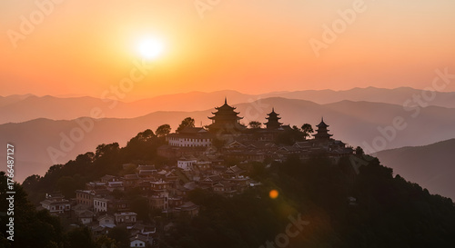 Majestic Chinese Pagodas Atop Hill During a Beautiful Sunset in Dali China