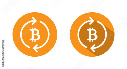Bitcoin loop arrow icon with long shadow. Digital currency exchange or cryptocurrency rotation symbol