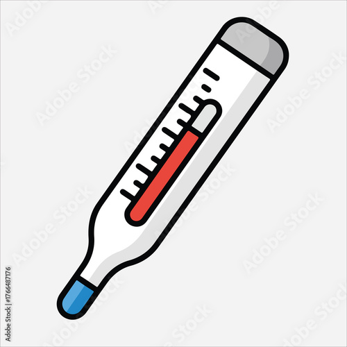 Colorful illustration of a medical thermometer with a red temperature gauge on a white background.