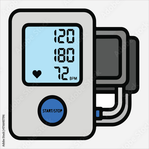 Digital illustration of a blood pressure monitor with a blue screen and gray cuff on a clean white background.