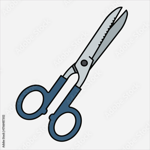 Graphic illustration of a pair of scissors with blue handles and silver blades on a white background.