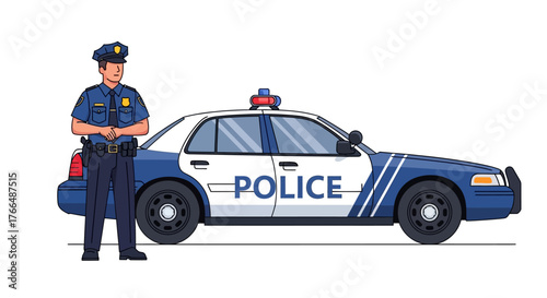 A cartoon policeman stands beside a police car with POLICE on its side
