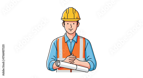 A cartoon construction worker in a hard hat and vest holds a rolledup blueprint