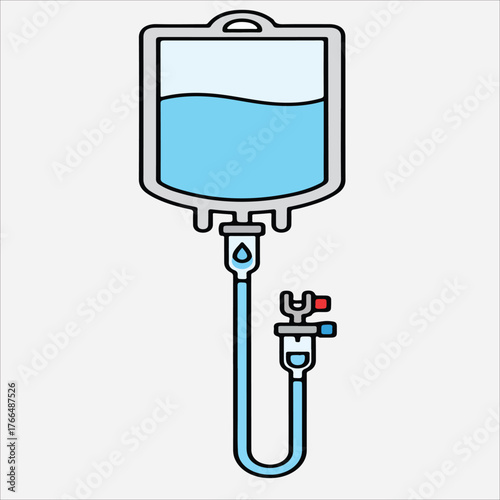 Simple line art illustration of an intravenous IV bag with tubing and valve on a white background.