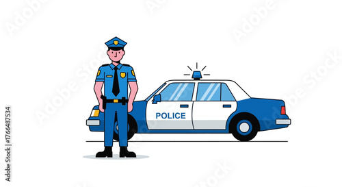 A cartoon policeman stands by a blue  white police car with flashing blue light on the roof