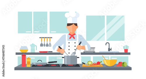 A chef stirs a pot in a bright kitchen filled with appliances utensils and fresh produce