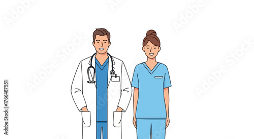A doctor with a stethoscope and a nurse in scrubs pose against a blank white backdrop