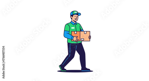 A delivery man in a green shirt carrying a package