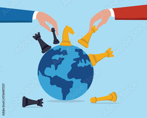 Geopolitics world country trade alliance, Hand playing chess to win geopolitics trade war, diplomacy with superpower nations, relationship or negotiation for trade war, Two hands playing chess.