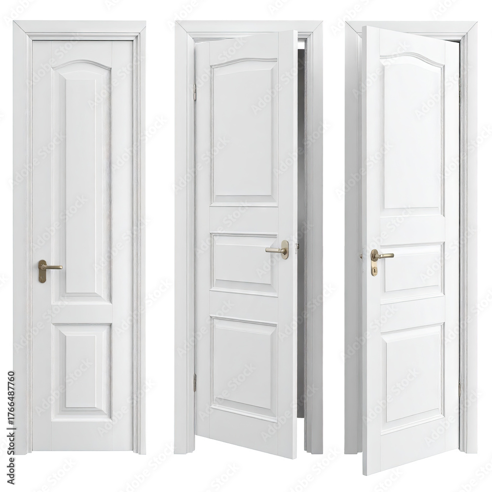 Naklejka premium Three white paneled doors, one open, interior design