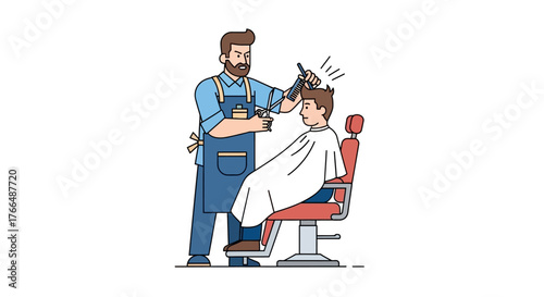 Cartoon barber cuts customers hair in red chair wearing a cape in a barbershop