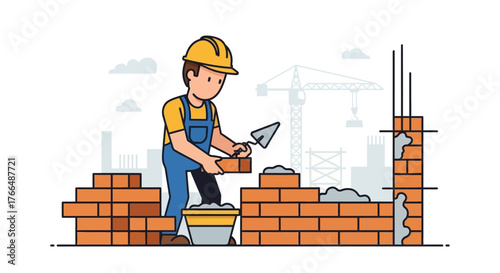 Cartoon builder in overalls lays bricks with mortar a crane and buildings in the background